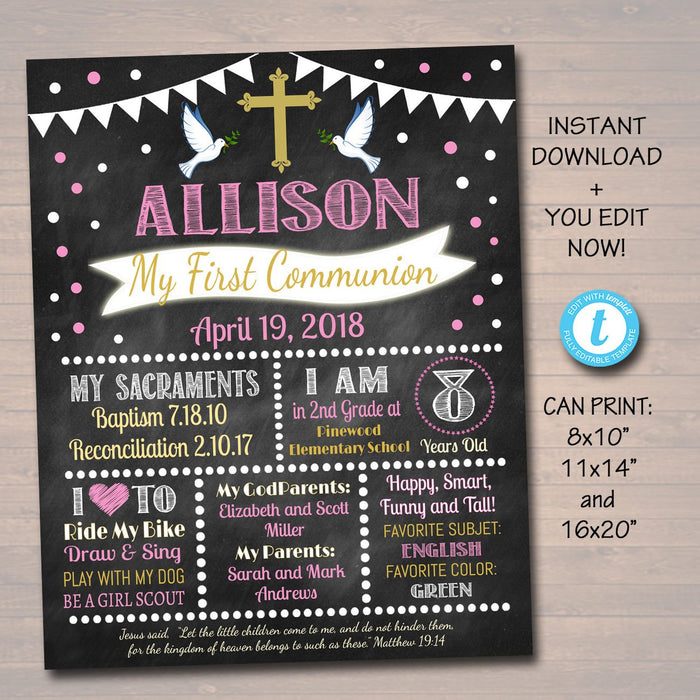 EDITABLE First Communion Chalkboard Poster, Religous Christian Sacrament Party Decor Girl Chalkboard Printable Baptism Sign INSTANT DOWNLOAD