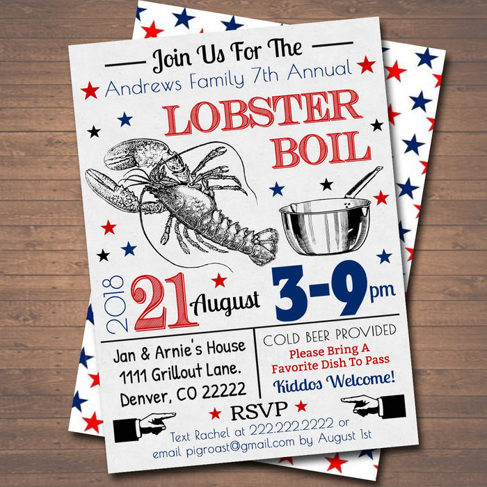 Crawfish Boil Invitation, Company Picnic, Family Picnic BBQ, Seafood Lobster Shrimp Boil, Barbecue Summer Backyard Party Invite