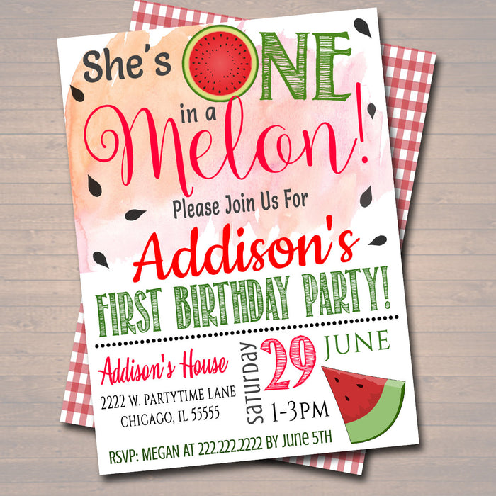 One in a Melon Party Birthday Invitation, Girls First Birthday 1 Year Old Party  Invite, Summer Party Theme