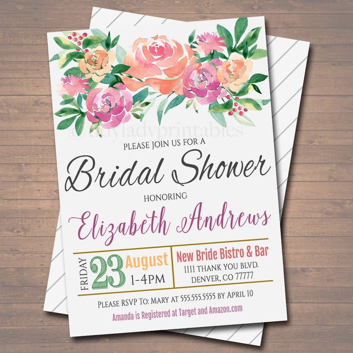 Bridal Shower Invitation, Brunch and Bubbly Ladies Invite, Boho Wedding Watercolor Floral, Black White Stripes,