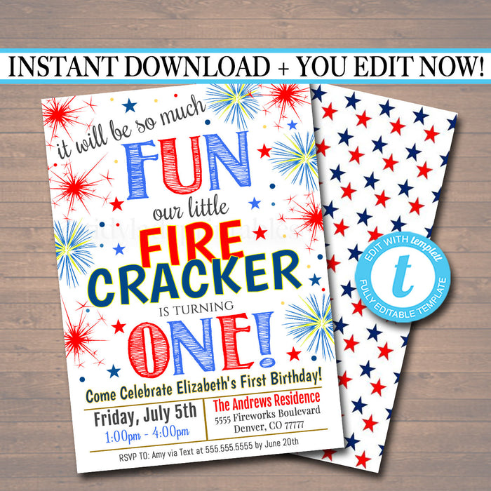 Fourth of July First Birthday Party, Red White Blue Picnic Bday Invitation, So Much Fun Firecracker is turning One