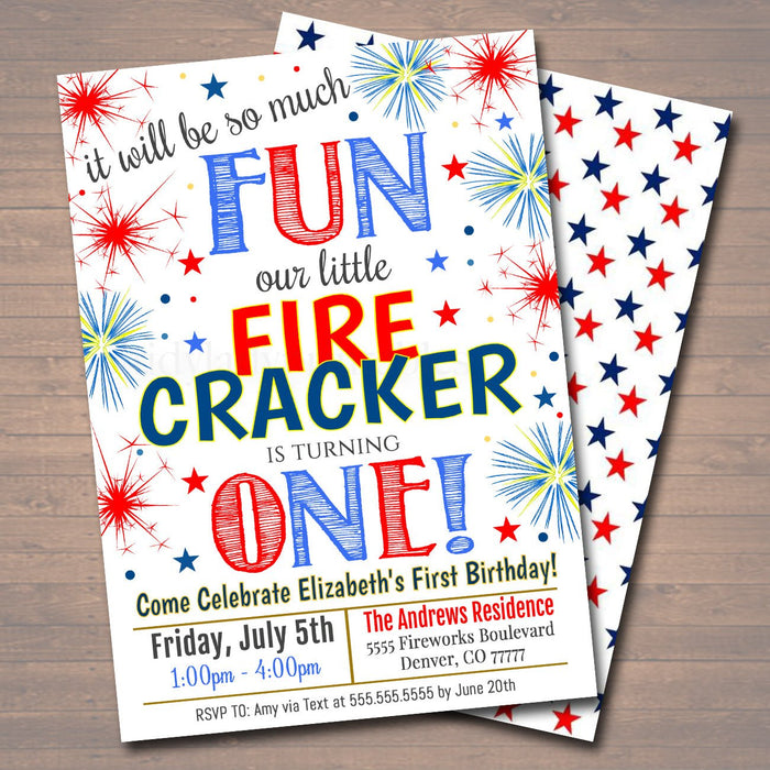 Fourth of July First Birthday Party, Red White Blue Picnic Bday Invitation, So Much Fun Firecracker is turning One