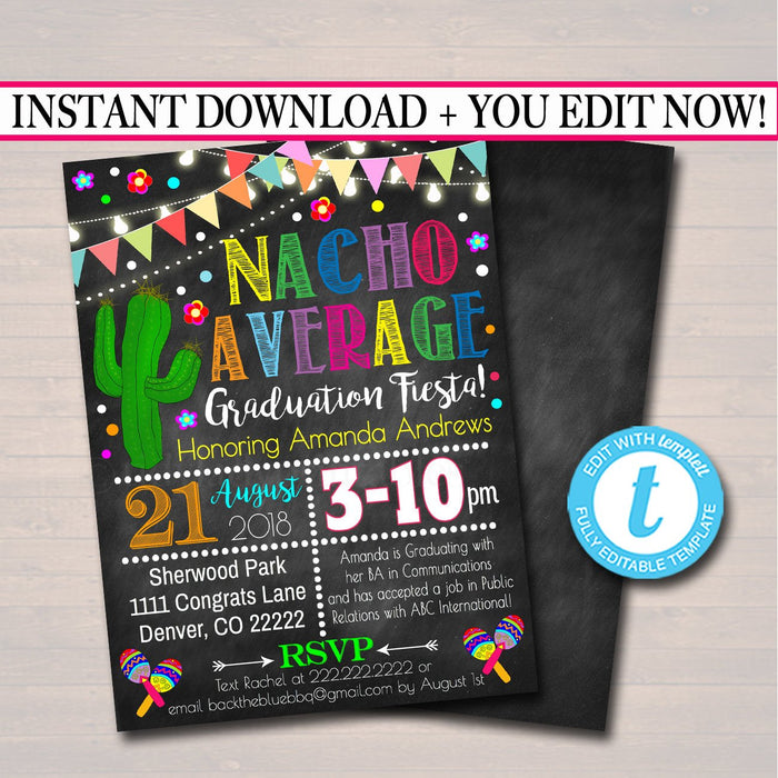 Fiesta Nacho Average Graduation Invitation, Chalkboard Printable College Graduate Taco High School Senior Graduate