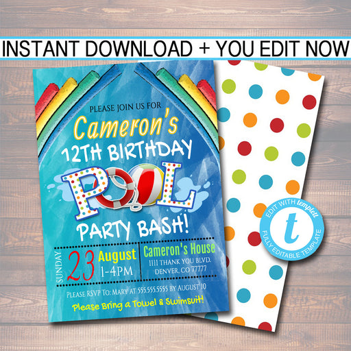 EDITABLE Pool Party Invitation, Printable Digital Invite, Summer Back to School Backyard Party, Boy Pool Birthday Party, INSTANT DOWNLOAD