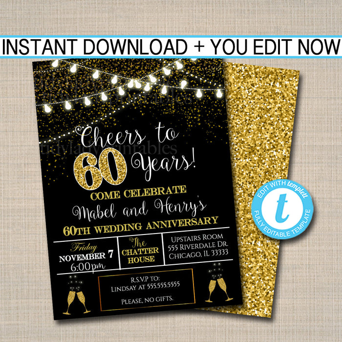 60th Party Invitation, Birthday Printable Cheers to Sixty Years,  60th Wedding Anniversary Invite, Black & Gold Party