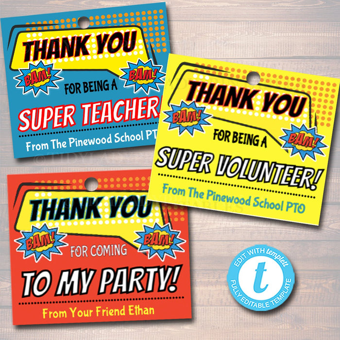Superhero Theme Teacher Appreciation Favor Tags - Printable