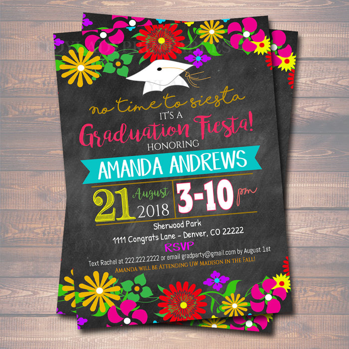 Fiesta No Time To Siesta Graduation Invitation Chalkboard Printable College Graduate, High School Senior Graduate