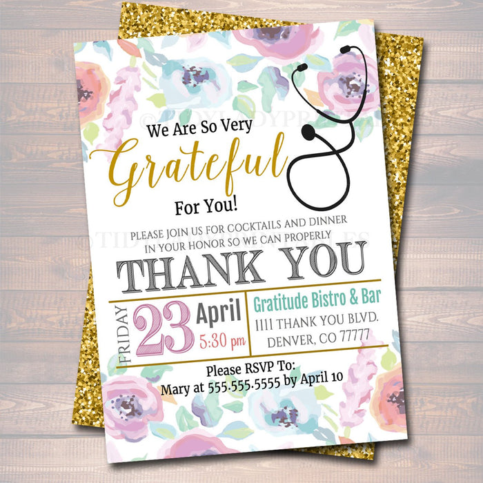 Appreciation Invitation, Grateful For You Nurse Hospital Staff Invitation, Floral Printable, Medical Thank You