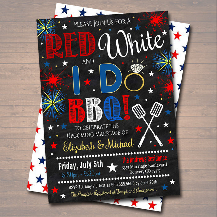 Fourth of July Party, Red White and I Do BBQ Picnic Invitation, Bridal Couples Shower, Engagement Grill Out Celebration 4th of July