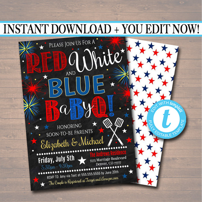 Fourth of July Party, Red White Baby-Q BBQ Picnic Invitation, Baby Sprinkle, Couples Baby Shower, Grill Out Celebration 4th of July