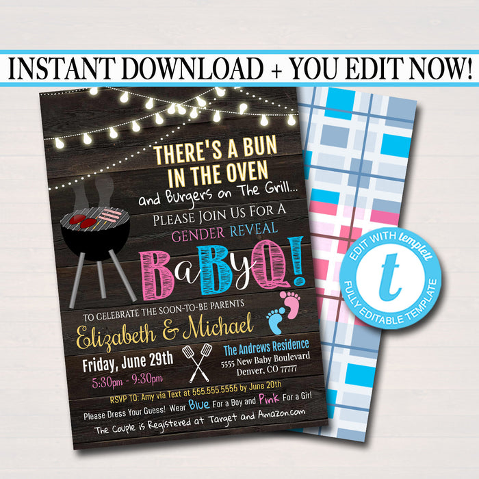 EDITABLE Gender Reveal Baby-Q BBQ Picnic Invitation, Baby Sprinkle, Couples Shower Grill Out Celebration, There's a Bun in The Oven Invite