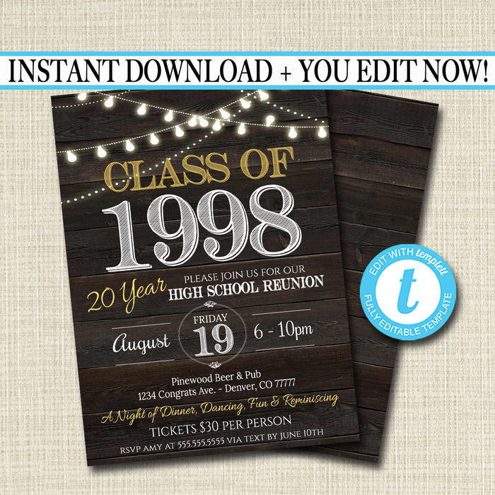 Reunion Invitation Template - Any Year!  College Reunion High School Reunion Party Lights Faux rustic wood invite