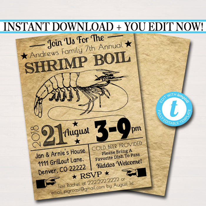 Shrimp Boil Invitation, Low Country Company Picnic, Family Picnic BBQ, Seafood Crawfish Boil, Barbecue Summer Backyard Party Invite
