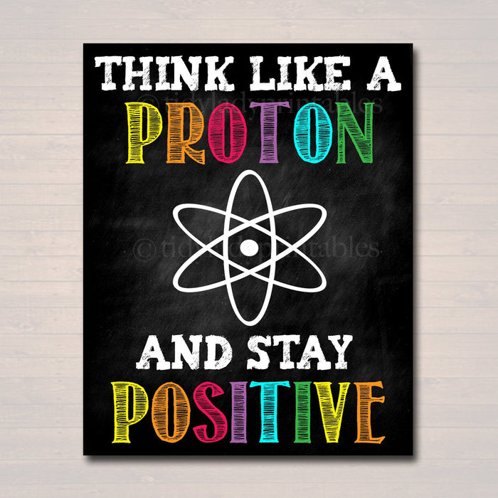 Science Classroom Printable Poster Art, Science Class Lab Quote Decor, Classroom Sign Think Like a Proton Stay Positive Science Teacher Gift