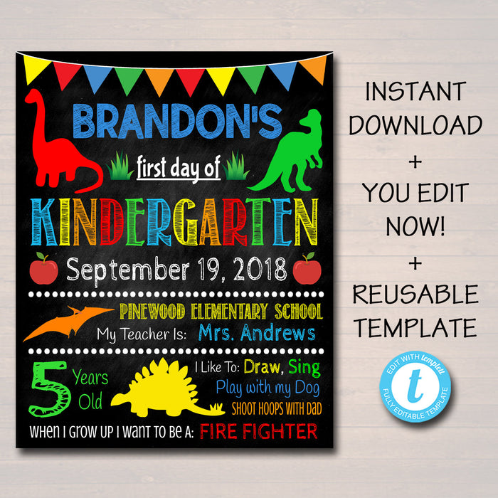 EDITABLE BOY Back to School Photo Prop, Back to School Chalkboard Poster, Dinosaur Prop Chalkboard Sign, Any Grade Sign 1st Day of School