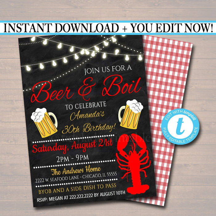 Beer and Boil Invitation, Company Family Picnic BBQ Seafood Lobster Shrimp Boil, Barbecue Backyard Party Birthday Graduation Invite