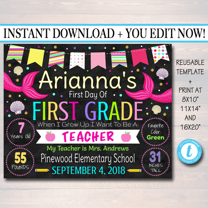 EDITABLE GIRL Back to School Photo Prop, Back to School Chalkboard Poster, MERMAID Chalkboard Sign, Any Grade Sign 1st First Day of School