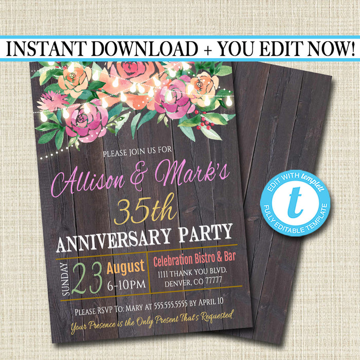Rustic Floral Anniversary Party Invitation String Party Lights Wedding Invite, Country Wood Any Year Wedding Party