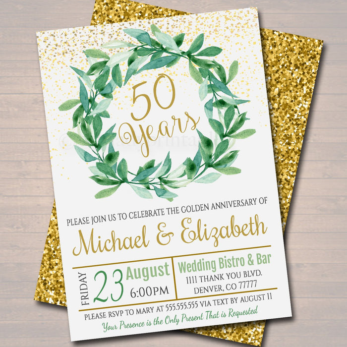 Anniversary Party Invitation, 50th Golden Wedding Party Invite, Watercolor Botanical Minimalist Greenery, Diy