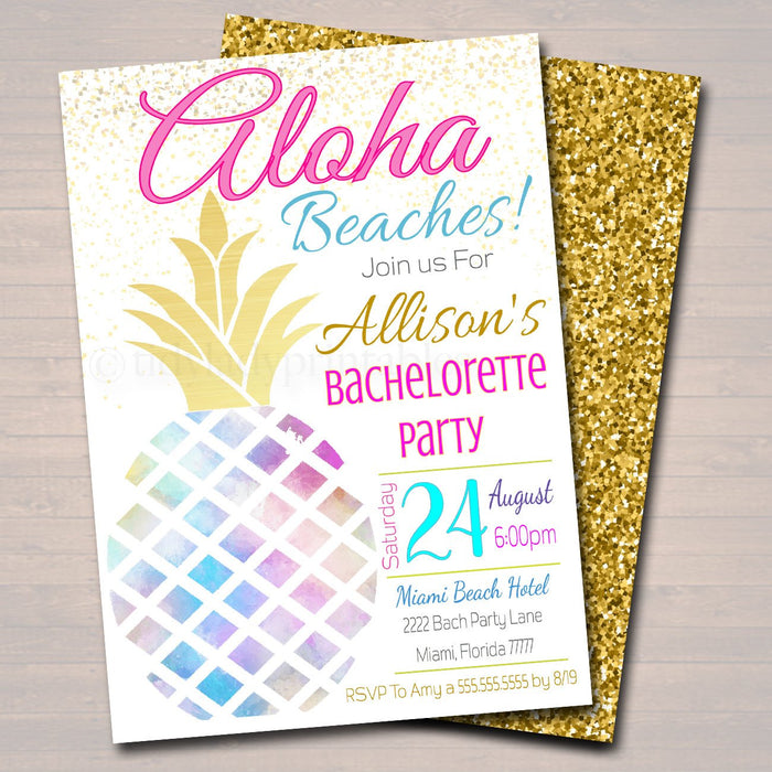 Beach Party Bachelorette Party Invitation, Glitter Gold Watercolor Pineapple Boho Chic Girls Weekend Aloha Beaches