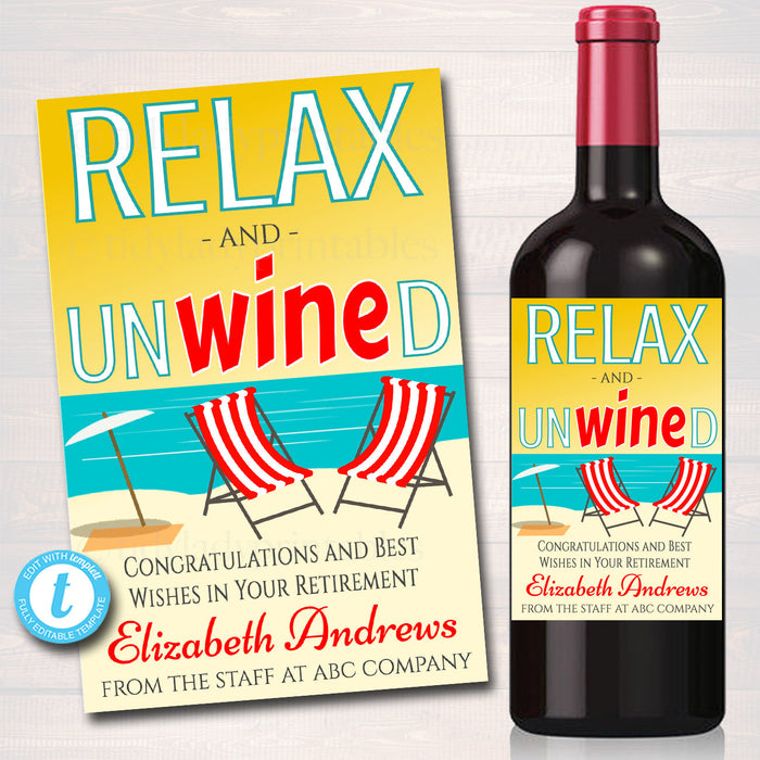 Retirement Gift, Printable Wine Label, , Relax Unwind Beach, Nurse Teacher Party Decor, Company Office Staff Gift