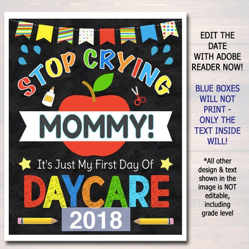 Stop Crying Mommy Back to School Photo Prop, Daycare BOY School, Mom Chalkboard Sign, 1st Day of Daycare Sign, Funny Prop, INSTANT DOWNLOAD