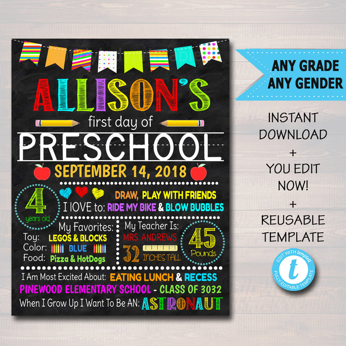 EDITABLE Back to School Photo Prop, Back to School Chalkboard Poster, Personalized School Chalkboard Sign, Any Grade Sign 1st Day of School