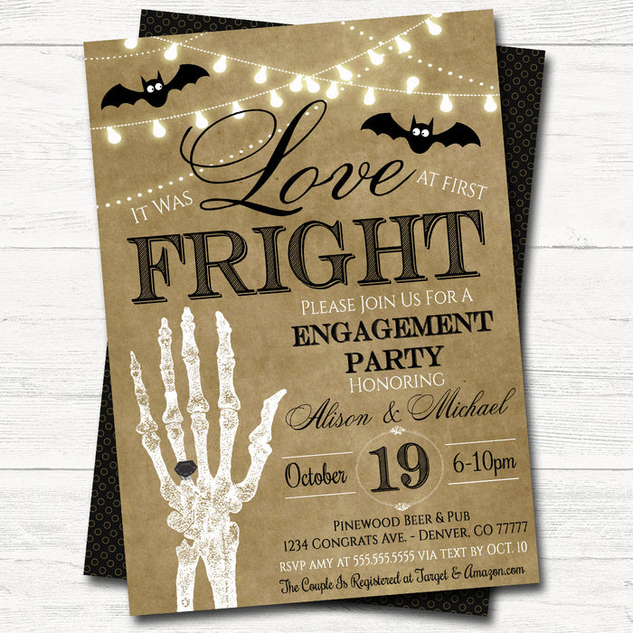 Halloween Bridal Couples Shower Party Invitation, Wedding Halloween Bachelorette Invite Love at First Fright,