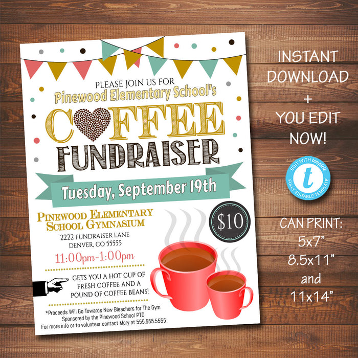 Coffee Fundraiser Flyer - School Church Fundraiser Event - DIY Editable Template