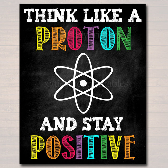 Science Classroom Printable Poster Art, Science Class Lab Quote Decor, Classroom Sign Think Like a Proton Stay Positive Science Teacher Gift