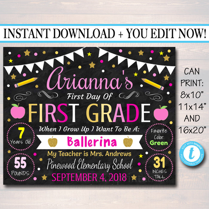 Girl First Day Of School Sign - Personalized Printable DIY Template