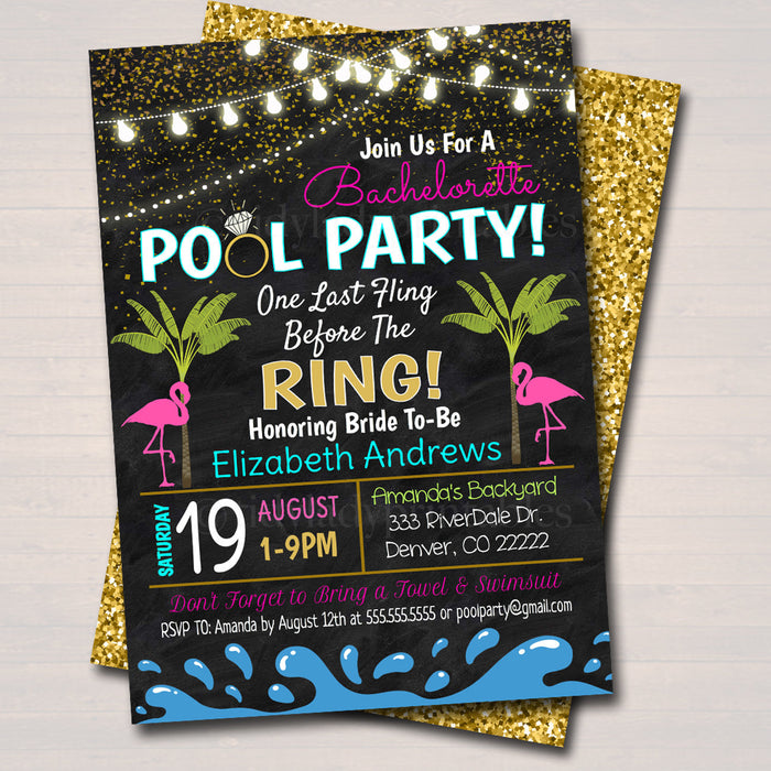 Pool Party Bachelorette Party Invitation, Glitter Gold Flamingo Backyard Party, Weekend Palm Beach Tropical,