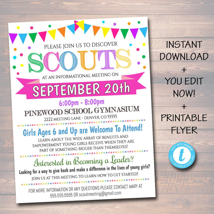 Recruitment Flyer Template, , Informational Meeting Info, Scout Parent Communication Form, School, Troop Printable