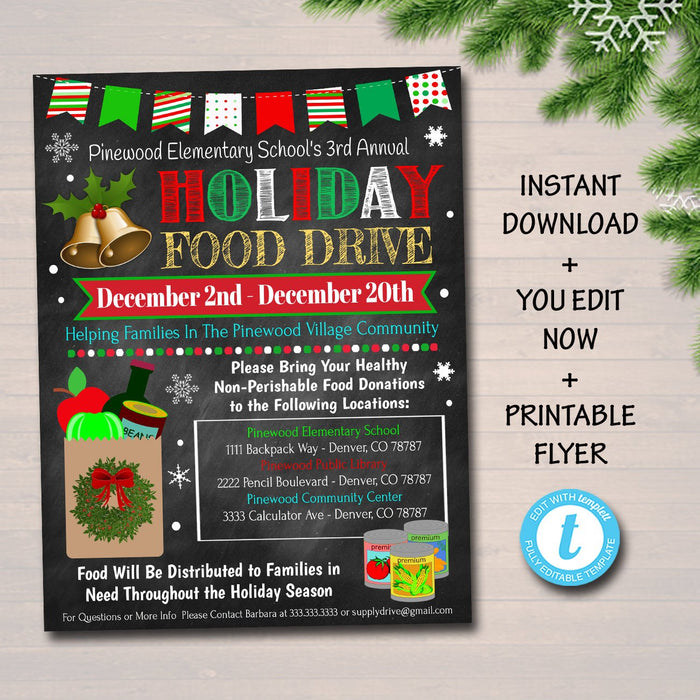 Holiday Food Drive Flyer, Printable PTA PTO Flyer, School Church Xmas Fundraiser Poster Christmas Invite Pto Pta Charity Invitation