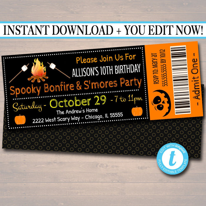 Bonfire Invitation, Kid's Birthday Invite, Fall Harvest Printable Invitation Halloween, S'mores Pumpkin Carving Ticket Template