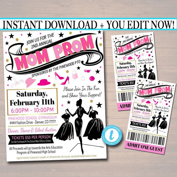 Mom Prom Fundraiser Flyer Invite Ticket Set - Editable Template
