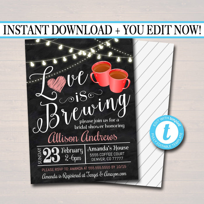 Love is Brewing Bridal Couples Shower, Tea Coffee Party, Wedding Chalkboard Invitation, Valentine's Cozy Winter,
