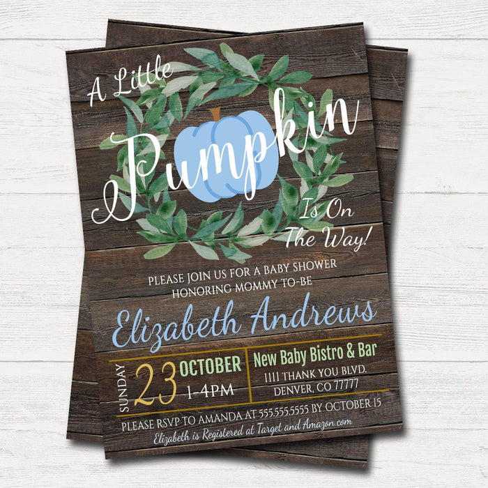 Boy Rustic Fall Baby Couples Shower Party Invitation, Halloween Shower Invite, A little Pumpkin is on it's Way!