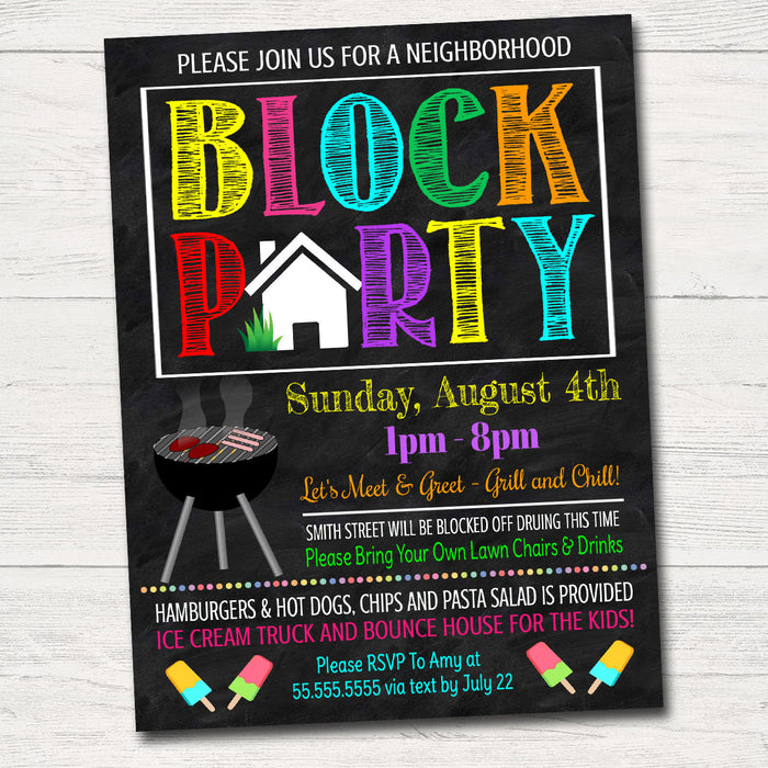 Neighborhood Block Party Invite, Printable Invitation, Bbq Picnic Summer Party, Announcement Card,  Flyer,