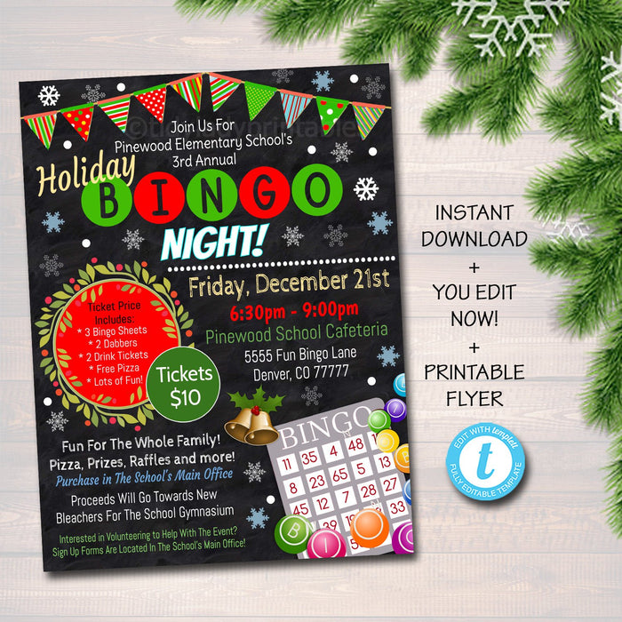 Holiday Bingo Night Flyer, Printable PTA, PTO School Family Fundraiser Event, Christmas Community Church Printable  Invite