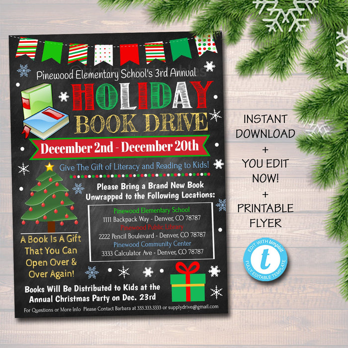 Holiday Book Drive Flyer, Printable PTA PTO Flyer School Church Xmas Fundraiser Poster Christmas Invite, Pto Pta Charity Invitation