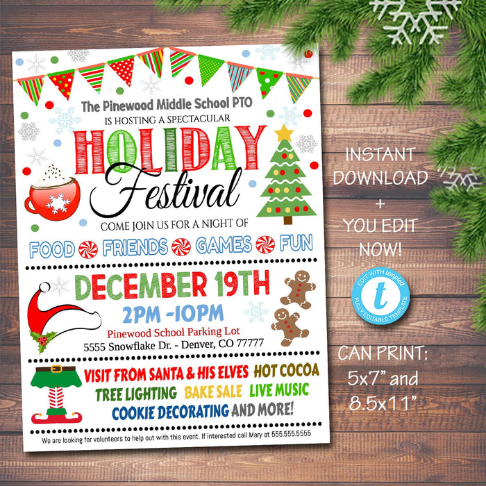 Holiday Festival Christmas Flyer/Poster Printable Christmas Invitation Community Xmas Event Church School Pto Pta Fundraiser Invite