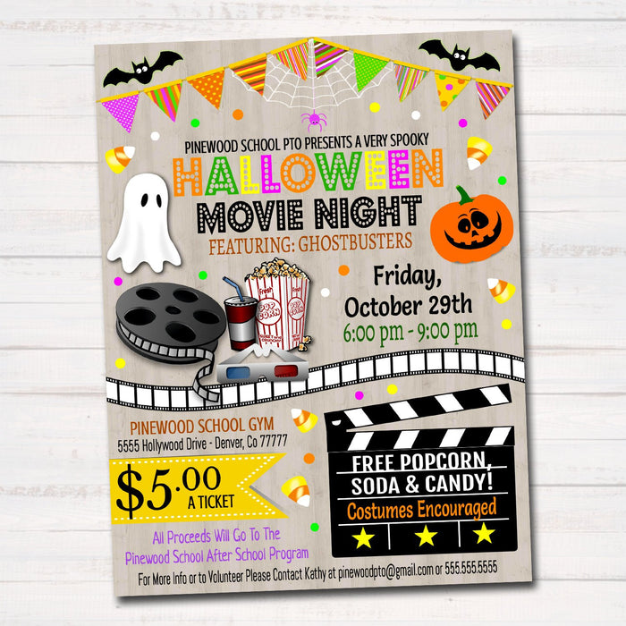 Halloween Movie Night Flyer, Printable PTA PTO Flyer Fall School Church Benefit Fundraiser Event Poster  Cinema Party Invite