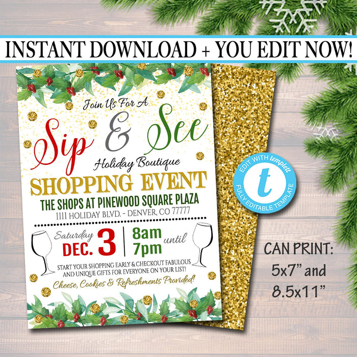 Holiday Shopping Invitation, Boutique Store Invitation Printable, Christmas Xmas Template, Black Friday, Sip and See Holiday Gifts