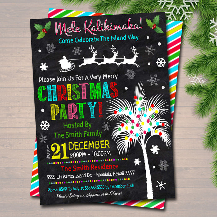 Mele Kalikimaka Christmas Party Invitation, Hawaiian Xmas Invite, Tropical Holiday Invite, Dirta Santa Gift Party