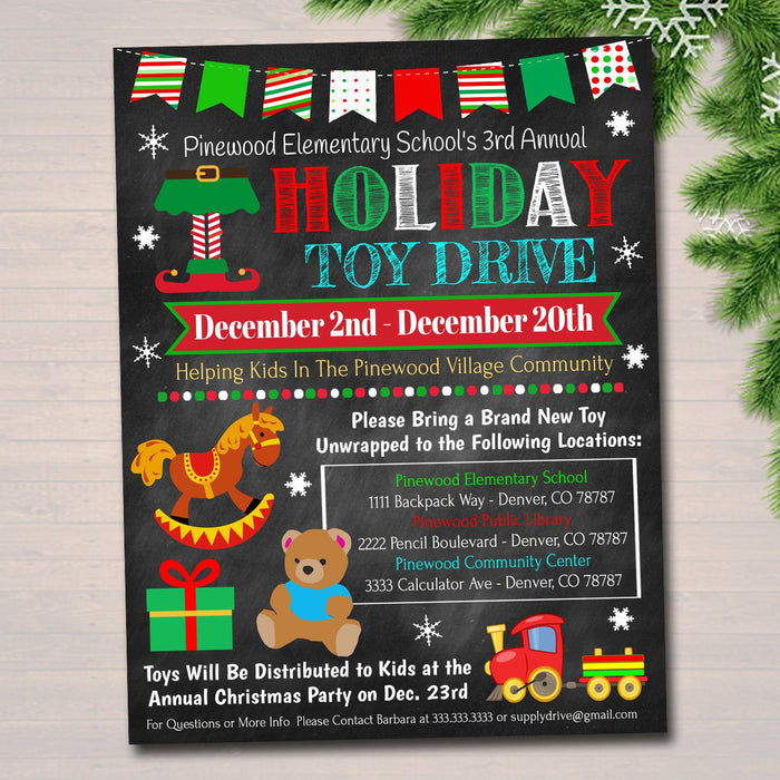 Holiday Toy Drive Flyer, Printable PTA PTO Flyer, School Church Xmas Fundraiser Poster Christmas Invite, Pto Pta Charity Invitation