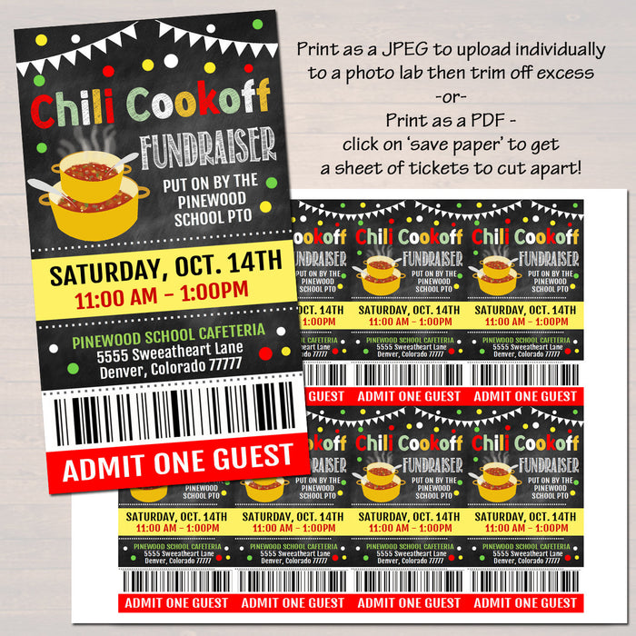 Chili Cookoff Dinner Fundraiser Flyer And Ticket Set - Editable Template