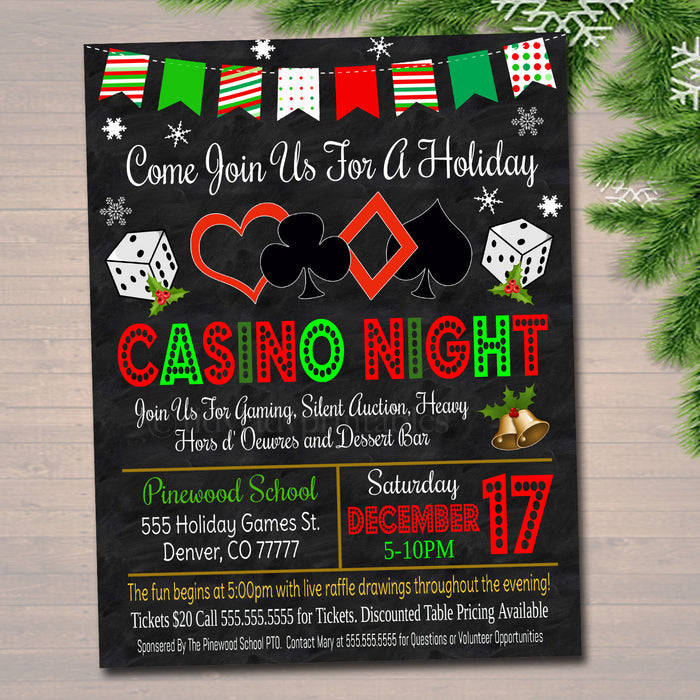Holiday Casino Night Flyer School Event Cards Party Invitation, Christmas Church Community Bingo Poker, pto, pta,