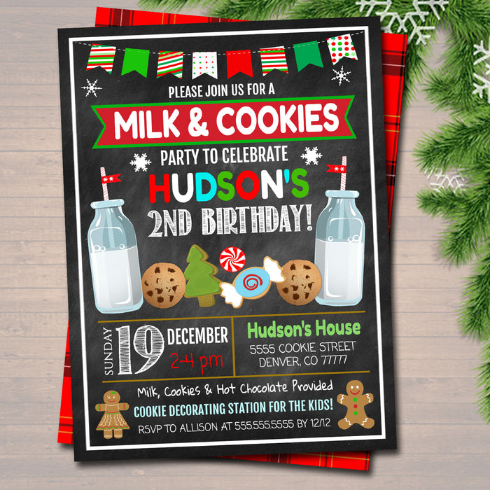 Milk & Cookies Xmas Birthday Party Invitation Kids Birthday Party Invite Holiday Milk and Cookies Party,