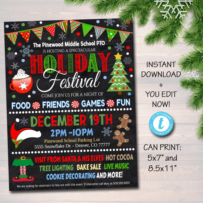 Holiday Festival Christmas Flyer/Poster Printable Christmas Invitation Community Xmas Event Church School Pto Pta Fundraiser Invite